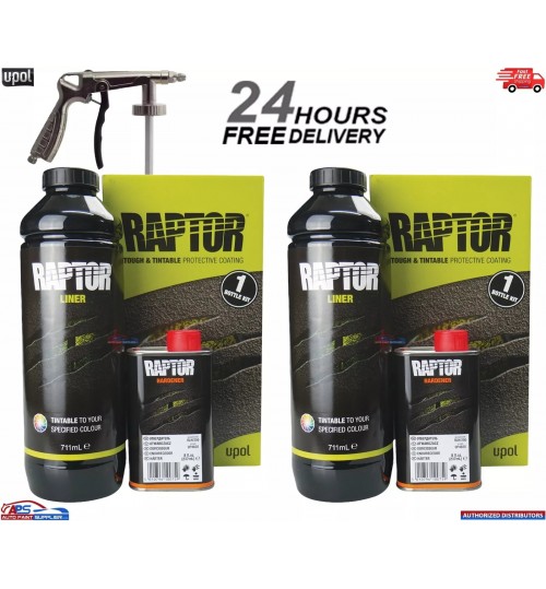 U-Pol Raptor 2K Tough Coating Liner TINTABLE 2 Bottle + Gun Kit Protective
